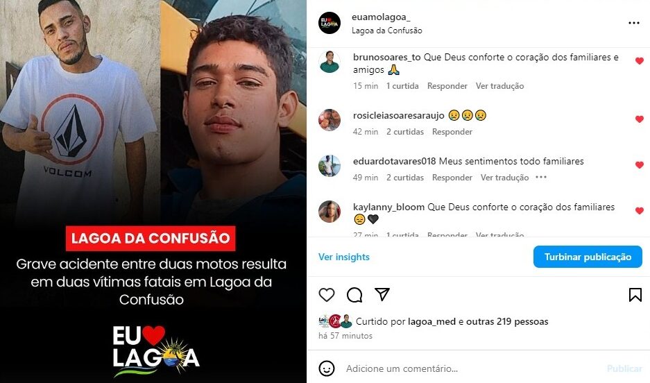 Grave acidente entre duas motos resulta em duas vítimas fatais em Lagoa da Confusão