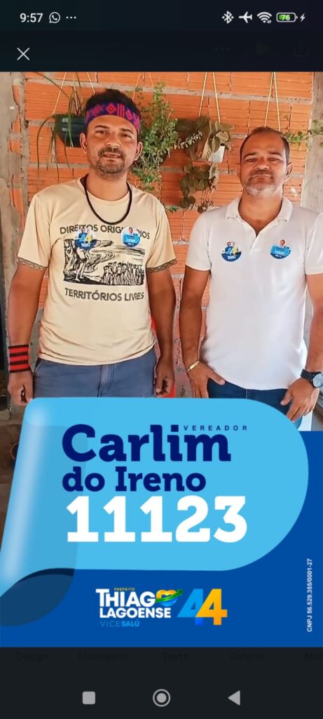 Cacique Wagner Katamy Krahô-Kanela da Aldeia Catamjê declara apoio ao candidato a vereador Carlim do Ireno em Lagoa da Confusão