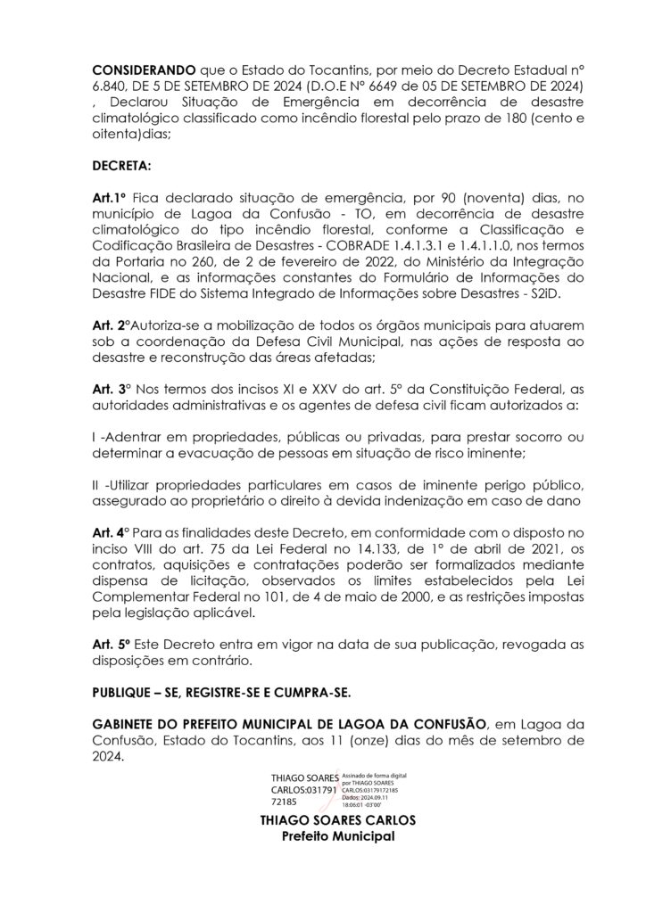 Prefeitura de Lagoa da Confusão decreta situação de emergência devido a incêndios florestais