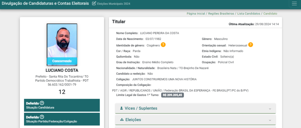 Justiça Eleitoral defere candidatura de Luciano Costa (PDT) para Prefeito de Santa Rita do Tocantins