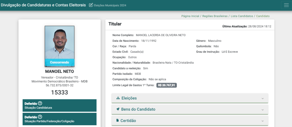 Justiça Eleitoral confirma candidatura a vereador de Manoel Neto em Cristalândia