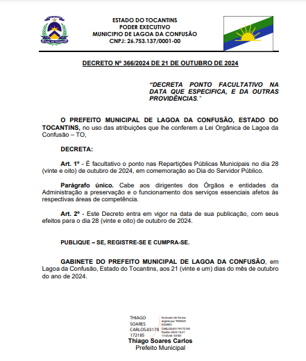 Prefeitura de Lagoa da Confusão decreta ponto facultativo em comemoração ao Dia do Servidor Público