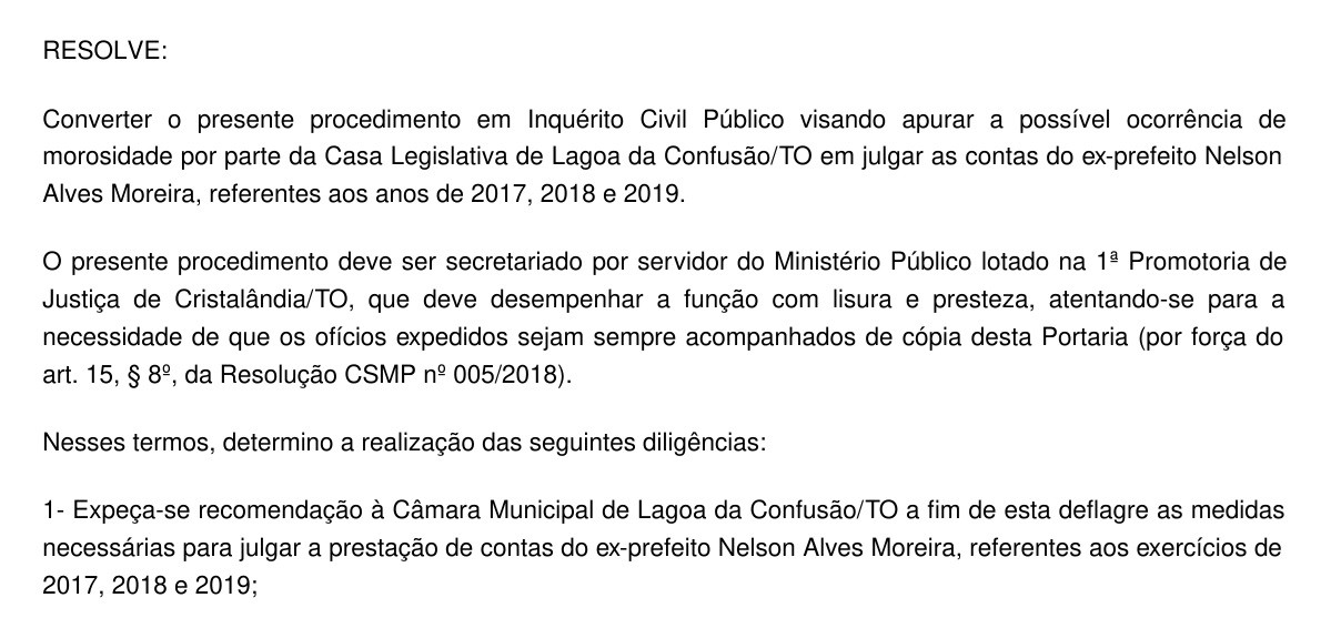 Câmara Municipal de Lagoa da Confusão é alvo de investigação do Ministério Público por demora no julgamento de contas do ex-prefeito Nelson Moreira