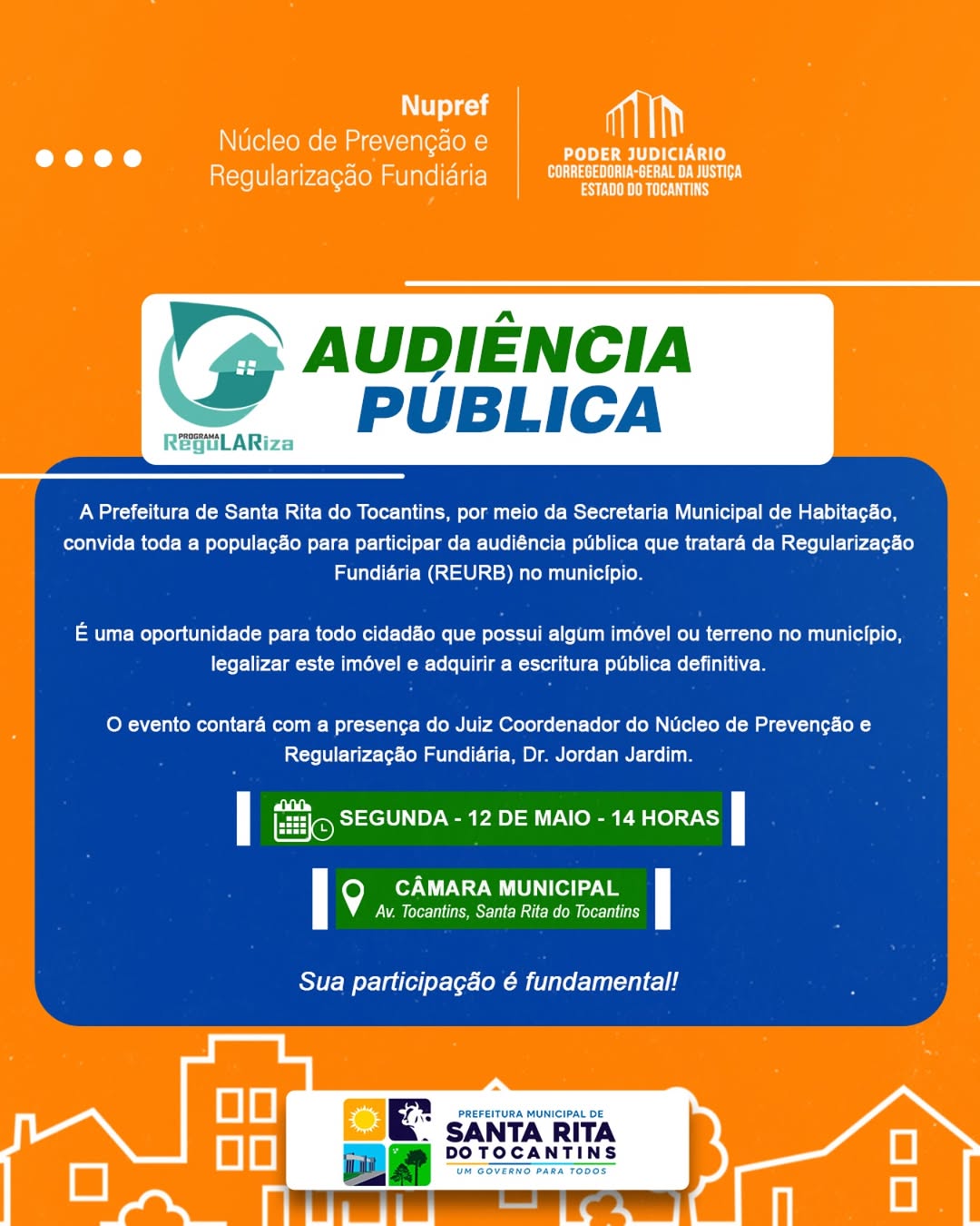 Santa Rita do Tocantins promove audiência pública sobre regularização fundiária no dia 12 de maio