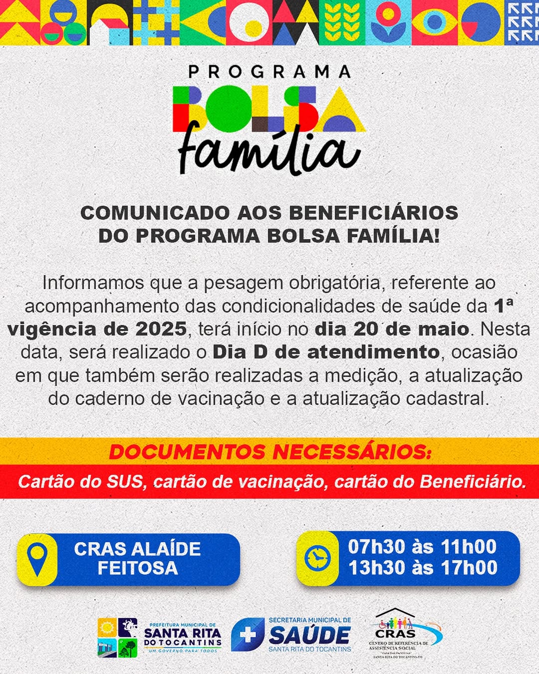 Santa Rita do Tocantins realiza "Dia D" de atendimento para beneficiários do Bolsa Família no próximo dia 20 de maio Santa Rita do Tocantins realiza "Dia D" de atendimento para beneficiários do Bolsa Família no próximo dia 20 de maio