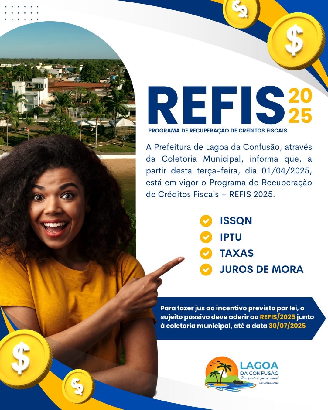 Prefeitura de Lagoa da Confusão informa que REFIS 2025 para regularização de débitos fiscais segue até dia 30 de julho