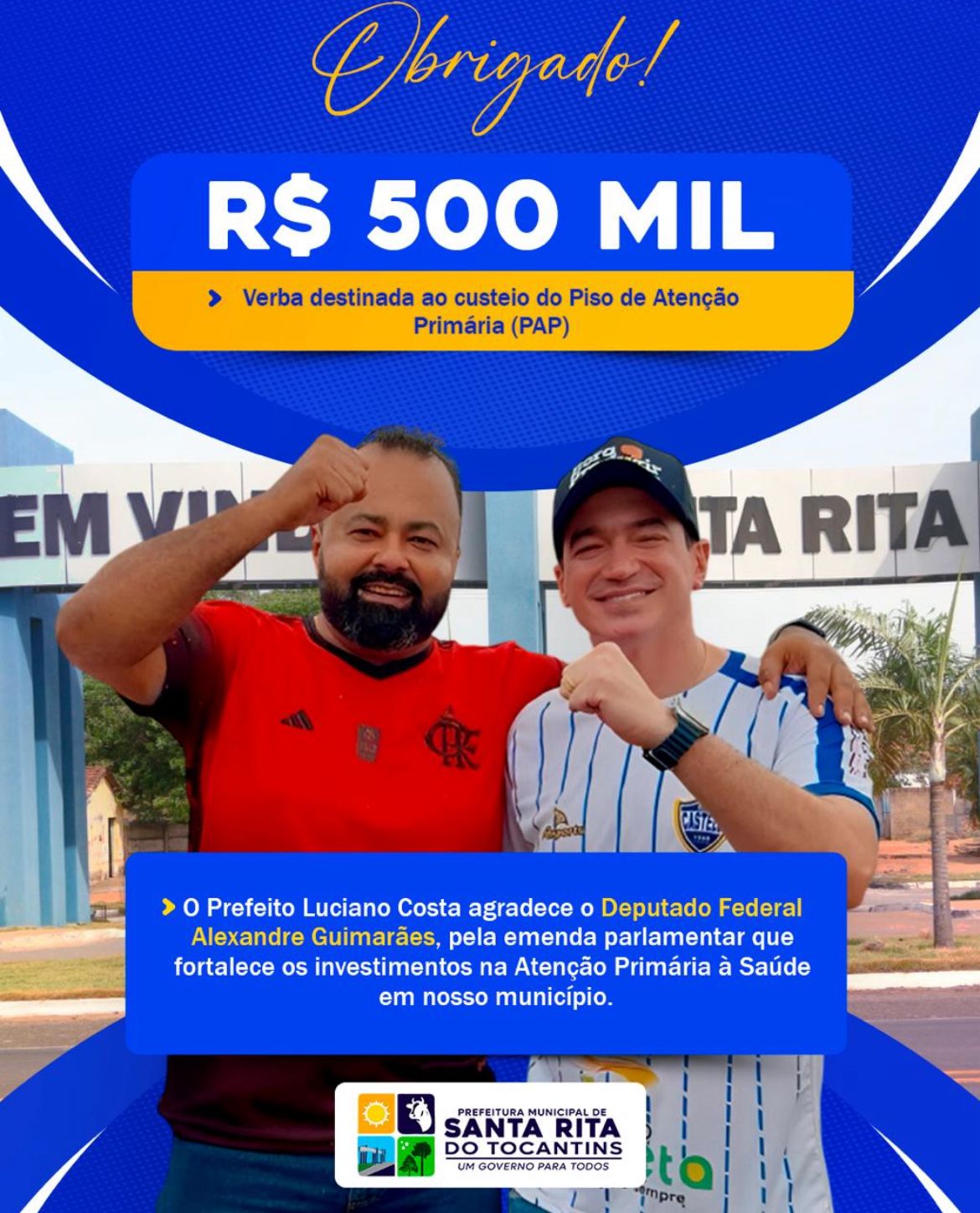 Deputado Alexandre Guimarães destina R$ 500 mil para reforçar Atenção Primária à Saúde em Santa Rita do Tocantins