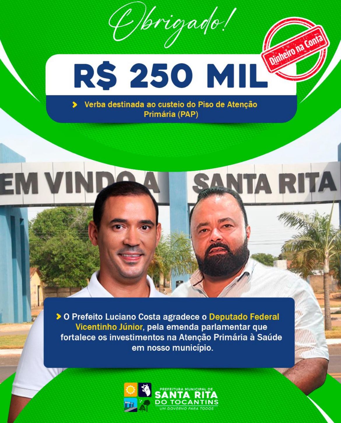 Deputado Federal Vicentinho Júnior destina R$ 250 mil para a Saúde de Santa Rita do Tocantins Deputado Federal Vicentinho Júnior destina R$ 250 mil para a Saúde de Santa Rita do Tocantins