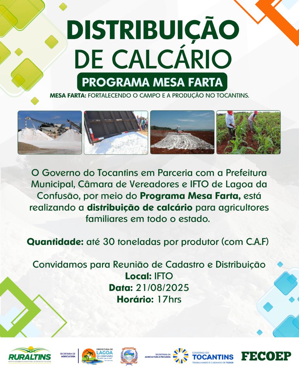 Mesa Farta fortalece agricultura familiar com distribuição de calcário em Lagoa da Confusão