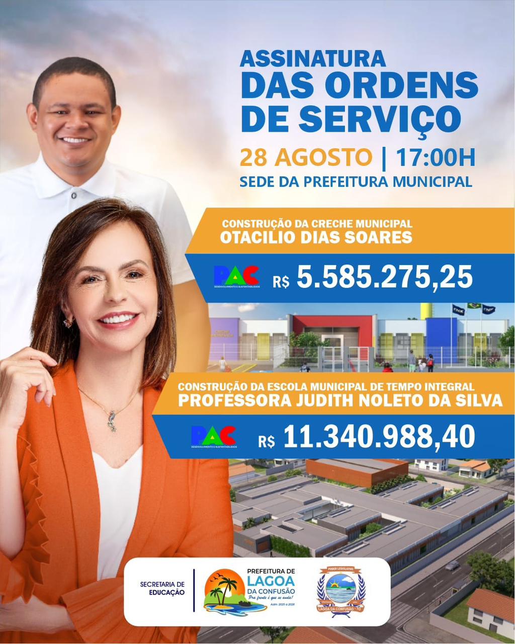 Assinatura de ordens de serviço marca avanço histórico na Educação de Lagoa da Confusão