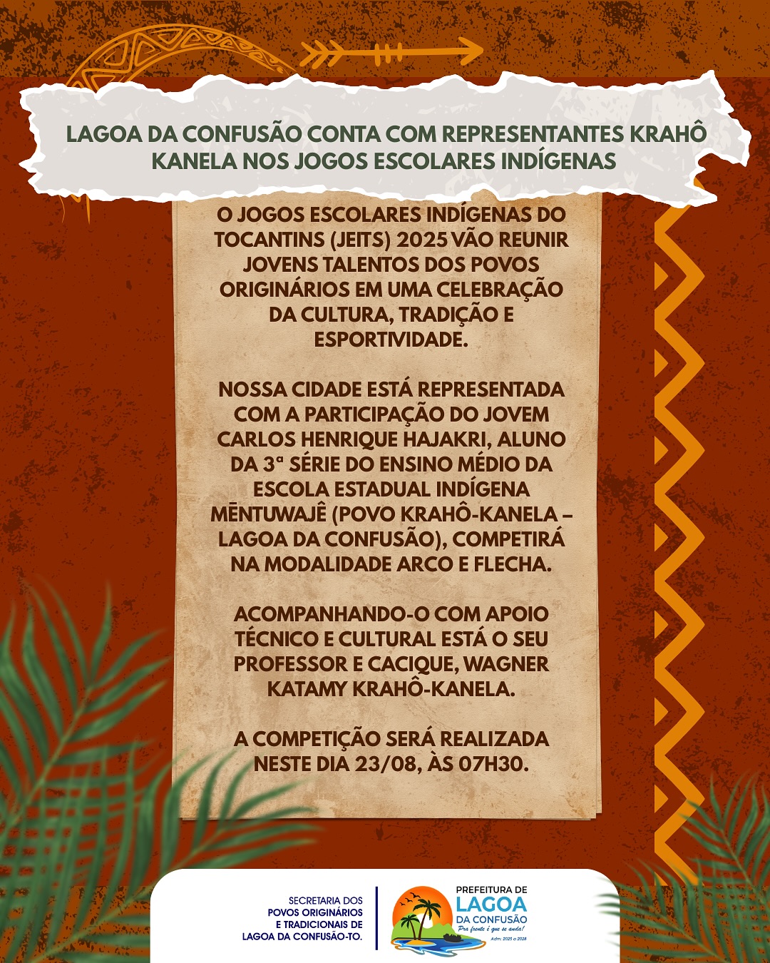 Lagoa da Confusão terá representante indígena em competição de arco e flecha