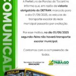 Prefeitura de Paraíso informa suspensão do transporte escolar nesta segunda-feira, dia 1 de setembro