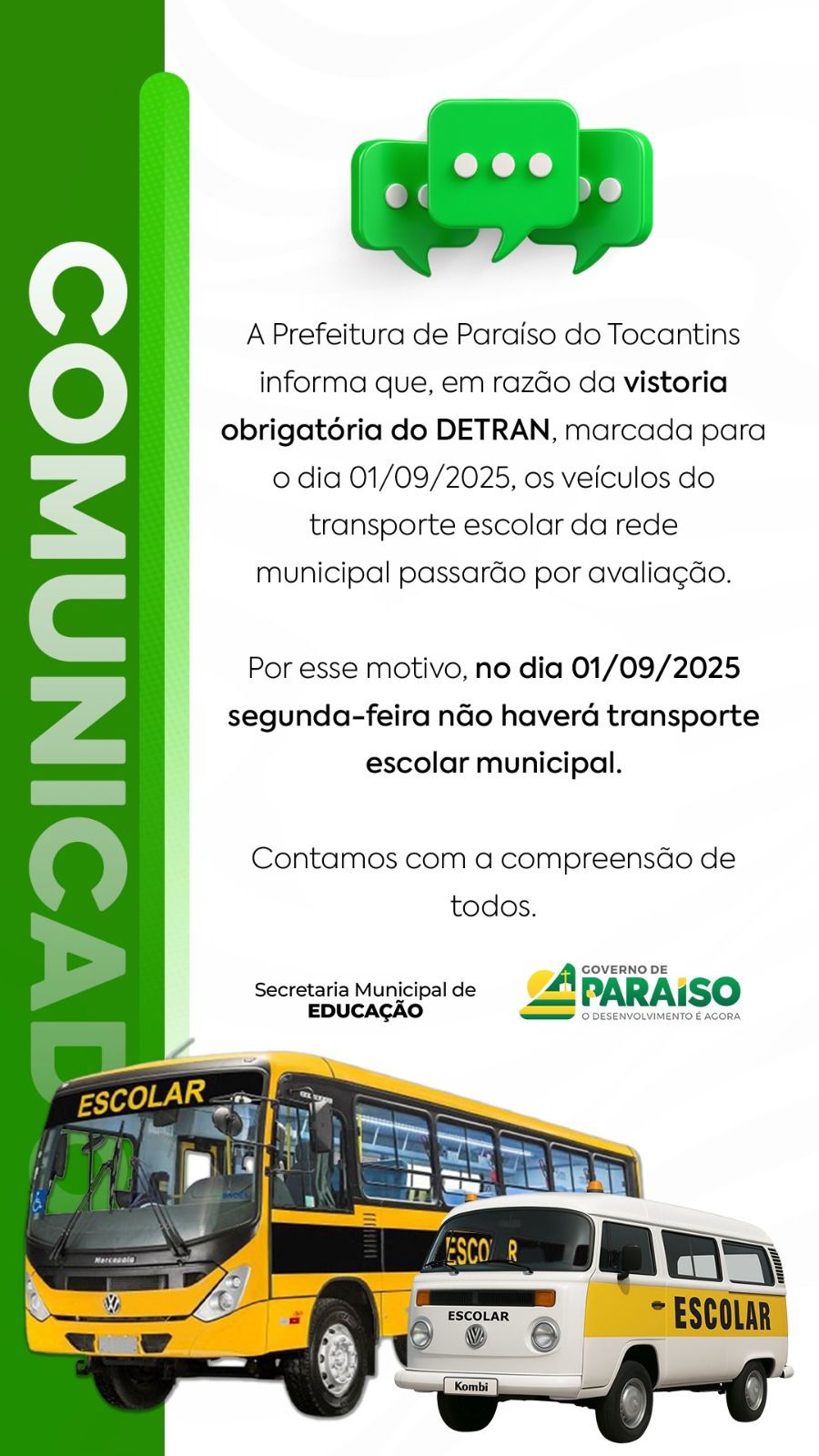 Prefeitura de Paraíso informa suspensão do transporte escolar nesta segunda-feira, dia 1 de setembro