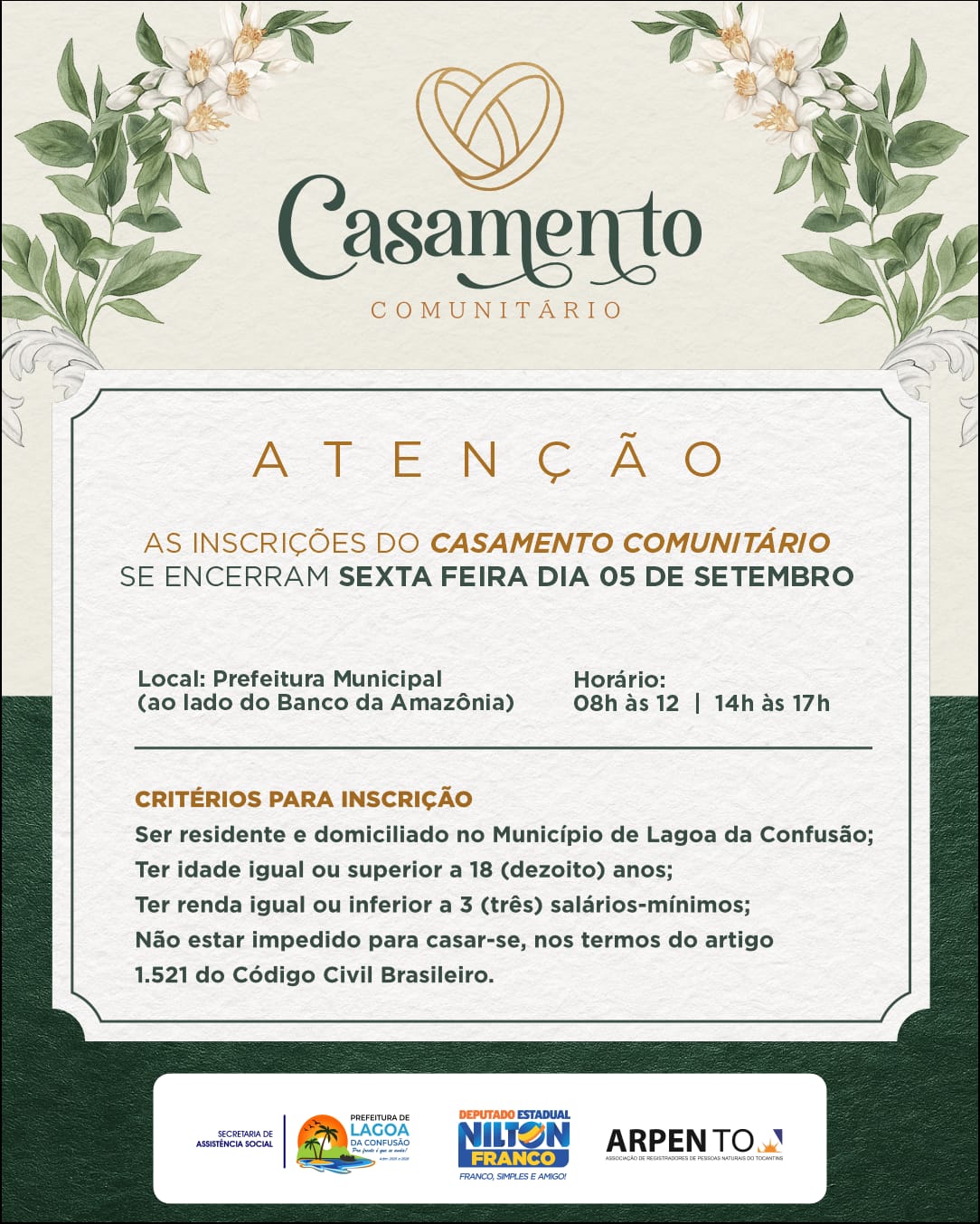 Prefeitura de Lagoa da Confusão encerra inscrições para Casamento Comunitário nesta sexta-feira