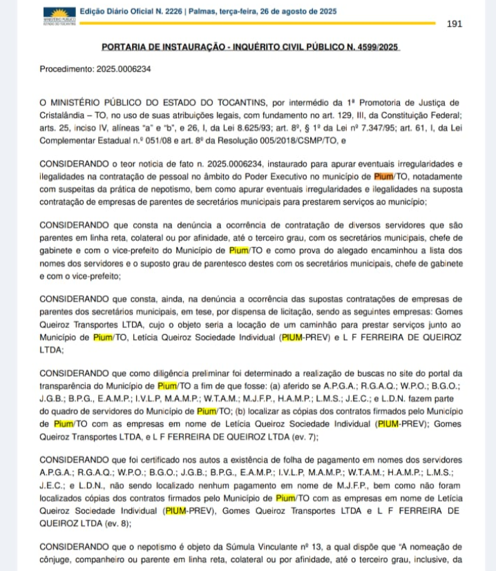 MPTO investiga nepotismo e contratações irregulares na Prefeitura de Pium
