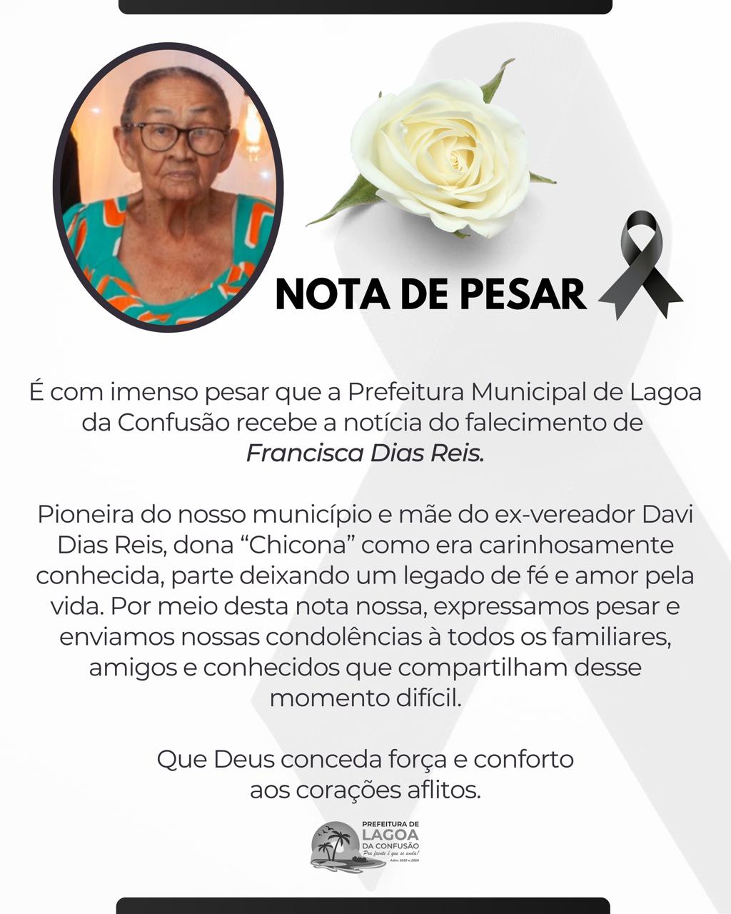 Luto oficial em Lagoa da Confusão: morre a pioneira Dona Francisca Dias Reis, popularmente conhecida como dona "Chicona"