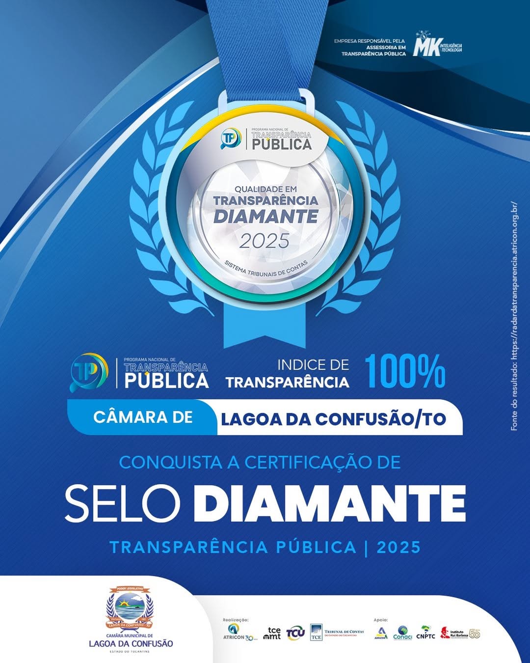 Câmara Municipal de Lagoa da Confusão conquista Selo Diamante em Transparência Pública pelo segundo ano consecutivo