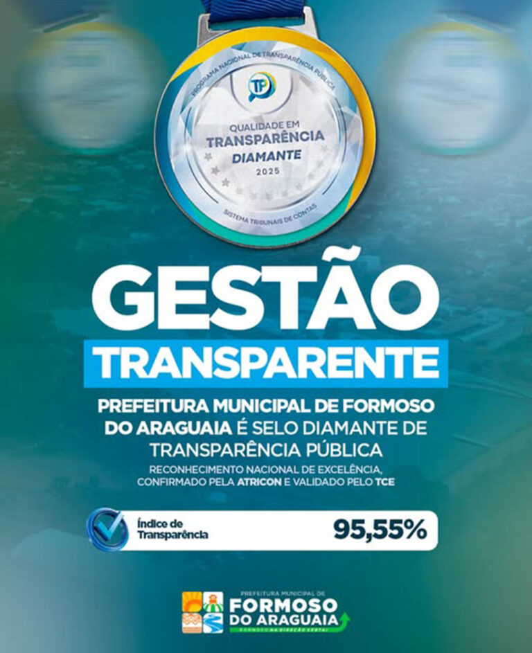 Formoso do Araguaia conquista Selo Diamante de Transparência e alcança índice histórico de 95,55% Formoso do Araguaia conquista Selo Diamante de Transparência e alcança índice histórico de 95,55%