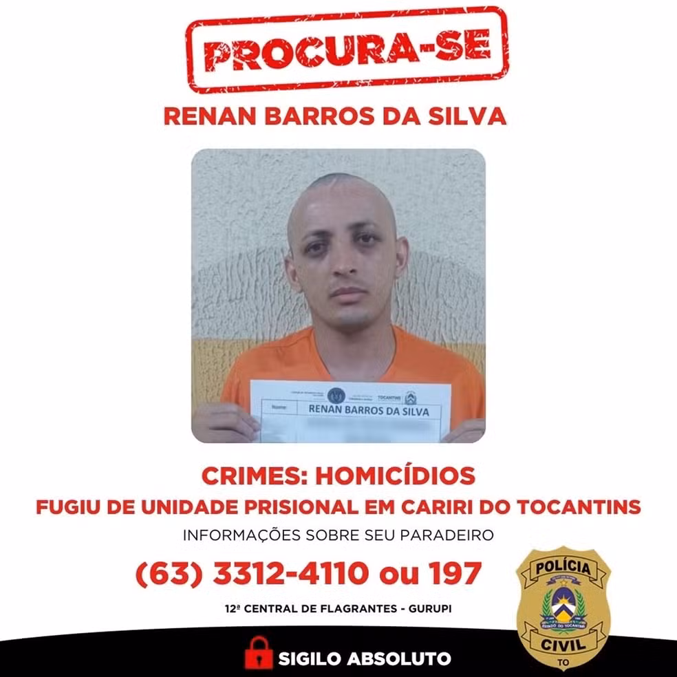 Preso apontado como serial killer está entre os fugitivos de presídio de segurança máxima no Tocantins