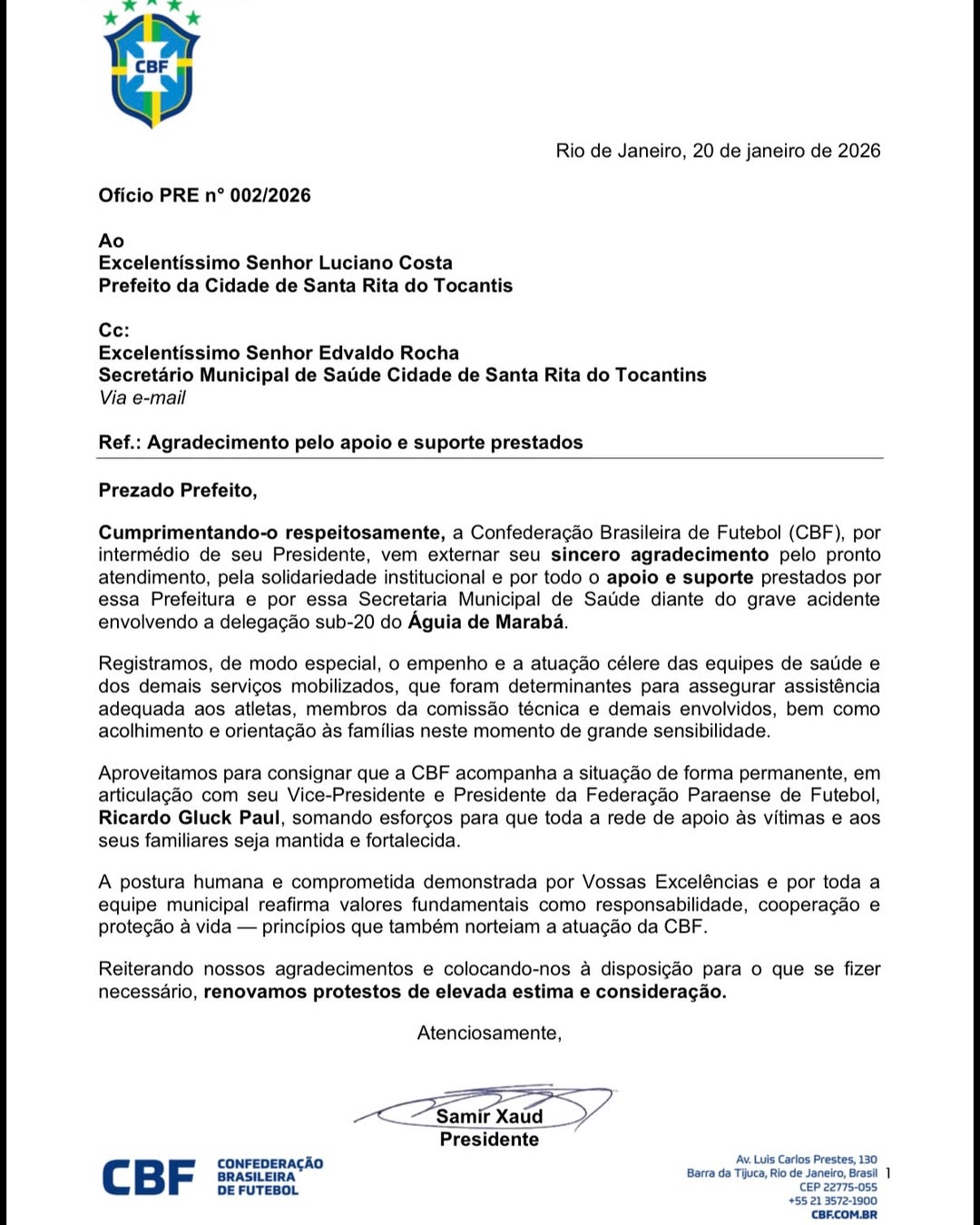 CBF reconhece atuação da Prefeitura de Santa Rita do Tocantins em atendimento a acidente com delegação sub-20