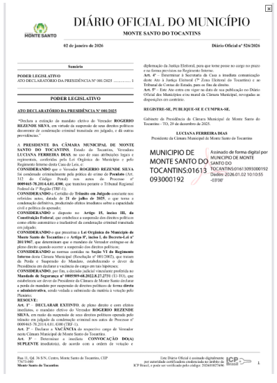 Câmara de Monte Santo declara extinto mandato de vereador condenado por peculato