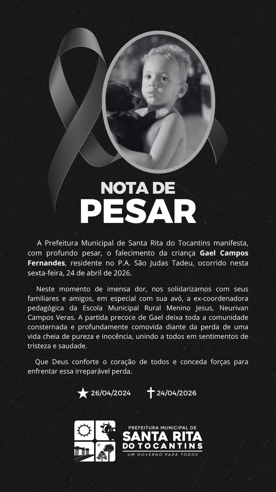 Criança de 1 ano morre vítima de afogamento em Santa Rita do Tocantins