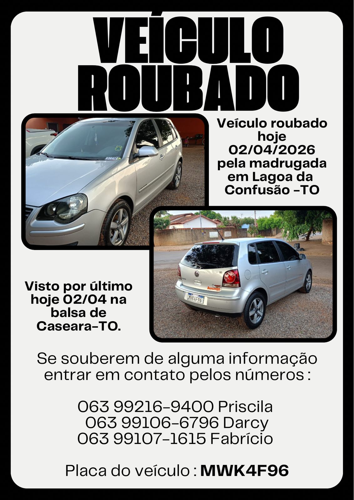 Veículo é furtado em oficina de Lagoa da Confusão e mobiliza buscas na região