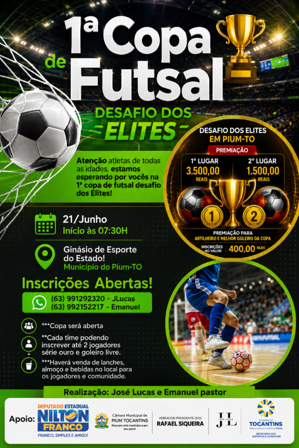 Pium receberá a 1ª Copa de Futsal “Desafio dos Elites” no dia 21 de junho