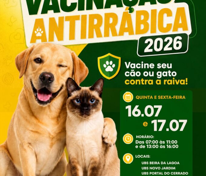 Julho Verde e Amarelo: Lagoa da Confusão realiza campanha de vacinação antirrábica nos dias 16 e 17 de julho