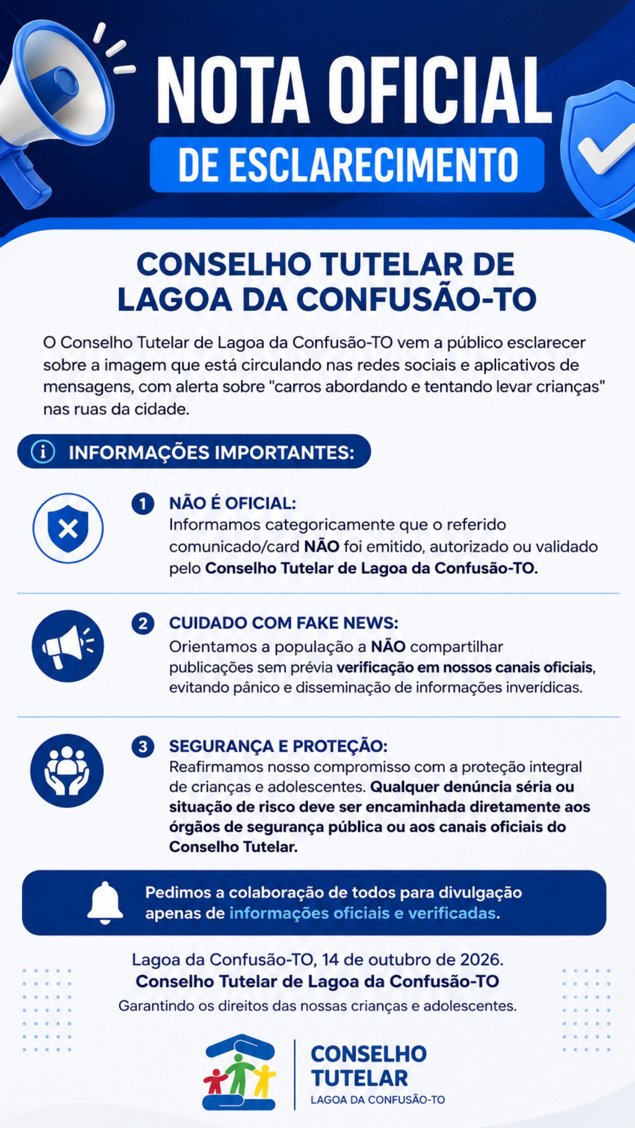 Conselho Tutelar de Lagoa da Confusão desmente comunicado sobre carros que estariam tentando levar crianças