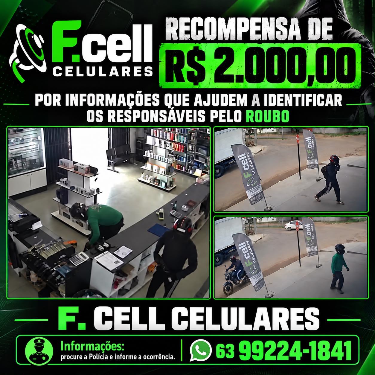 Loja Fcell Celulares é assaltada em Lagoa da Confusão; proprietário oferece recompensa de R$ 2 mil