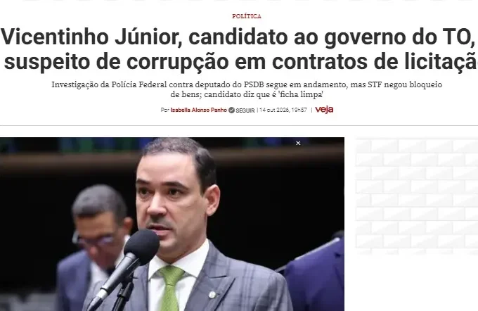 Suspeita de corrupção envolvendo Vicentinho Júnior volta ao noticiário nacional em reportagem sobre contratos públicos